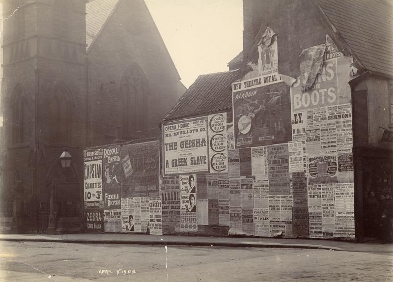Advertisements covering the corner of Priory Street and Micklegate, 19 April 1902.