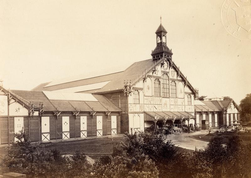Carriages outside the Exhibition Hall built to house the Yorkshire Fine Arts and Industrial Exhibition, summer 1866.