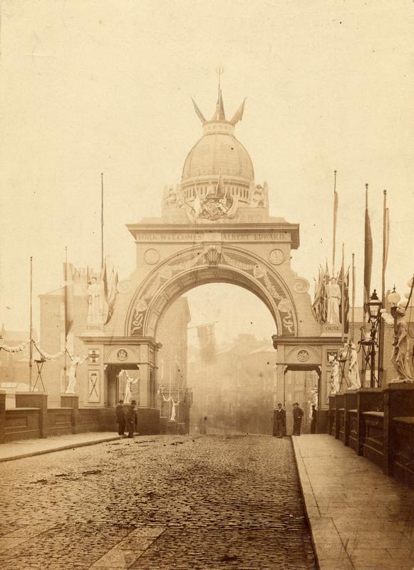 Wooden arch on Ouse Bridge erected by the Corporation of York for the visit of the Prince and Princess of Wales, 9 August 1866.