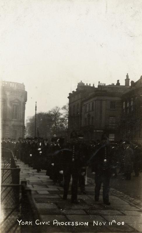Police officers heading the York Civic Procession on Duncombe Place, 11 November 1906.