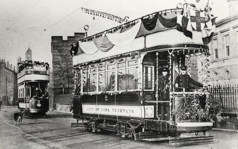 Decorated trams travelling down Tower Street, 20 January 1910.