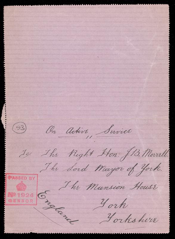 Letter from John Goodrick to the Lord Mayor of York, 11 January 1915.